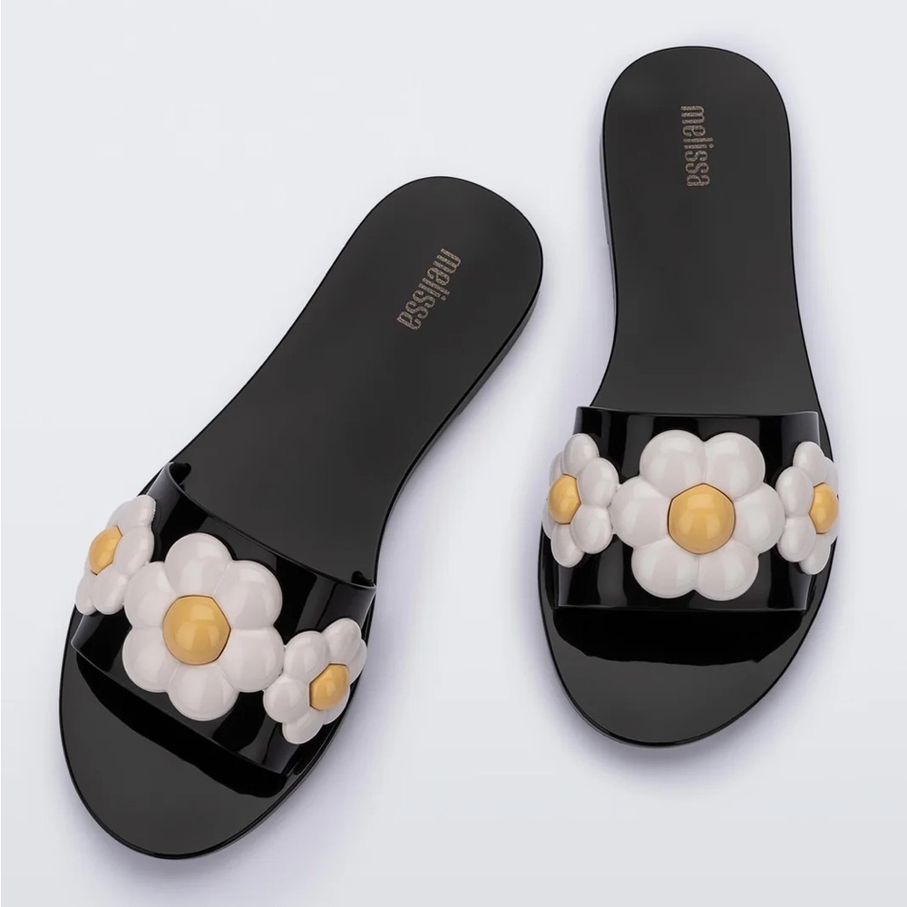 Melissa Black Sandals with White and Gold Floral Accents